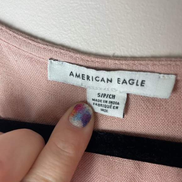 American Eagle Faux Wrap Dress Tie Waist Blush Pink Linen Viscose Size Small - Picture 2 of 8